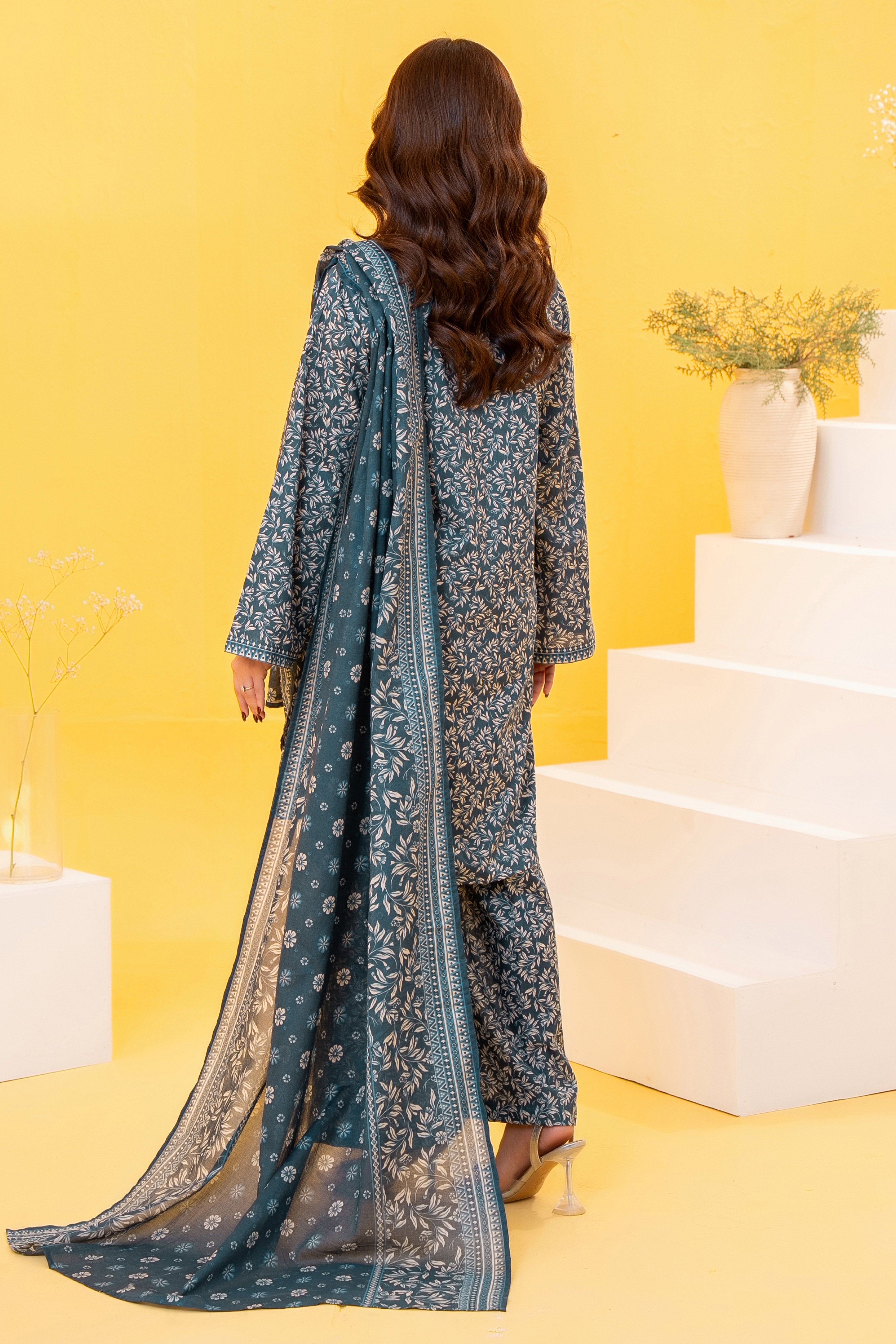 Blue printed 3 piece lawn suit for women with lawn dupatta and cambric trouser
Printed lawn shirt in Blue color for ladies