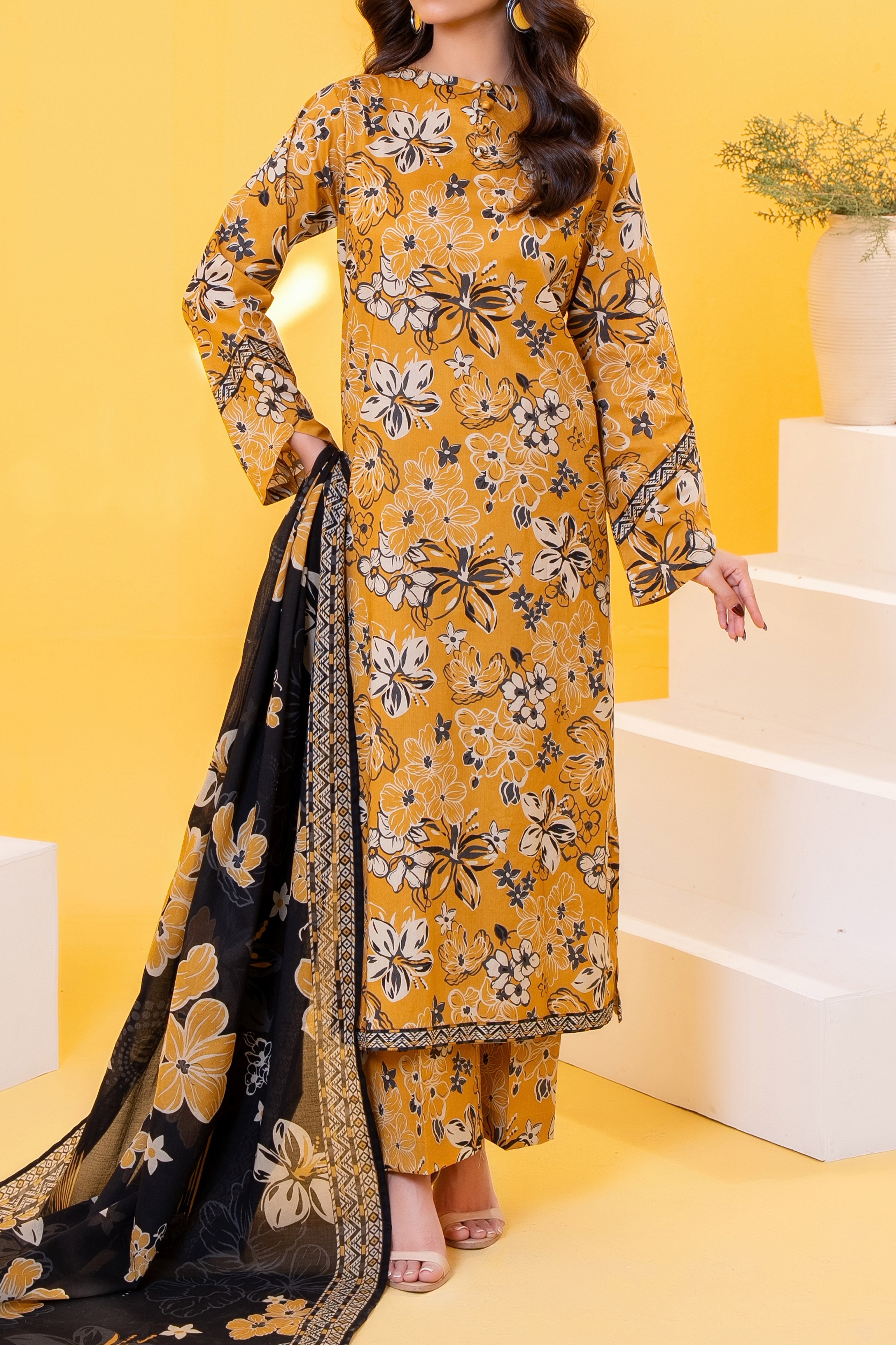 Mustard Printed Lawn Suit 3Pc with Printed Dupatta and Dyed Cambric Trouser