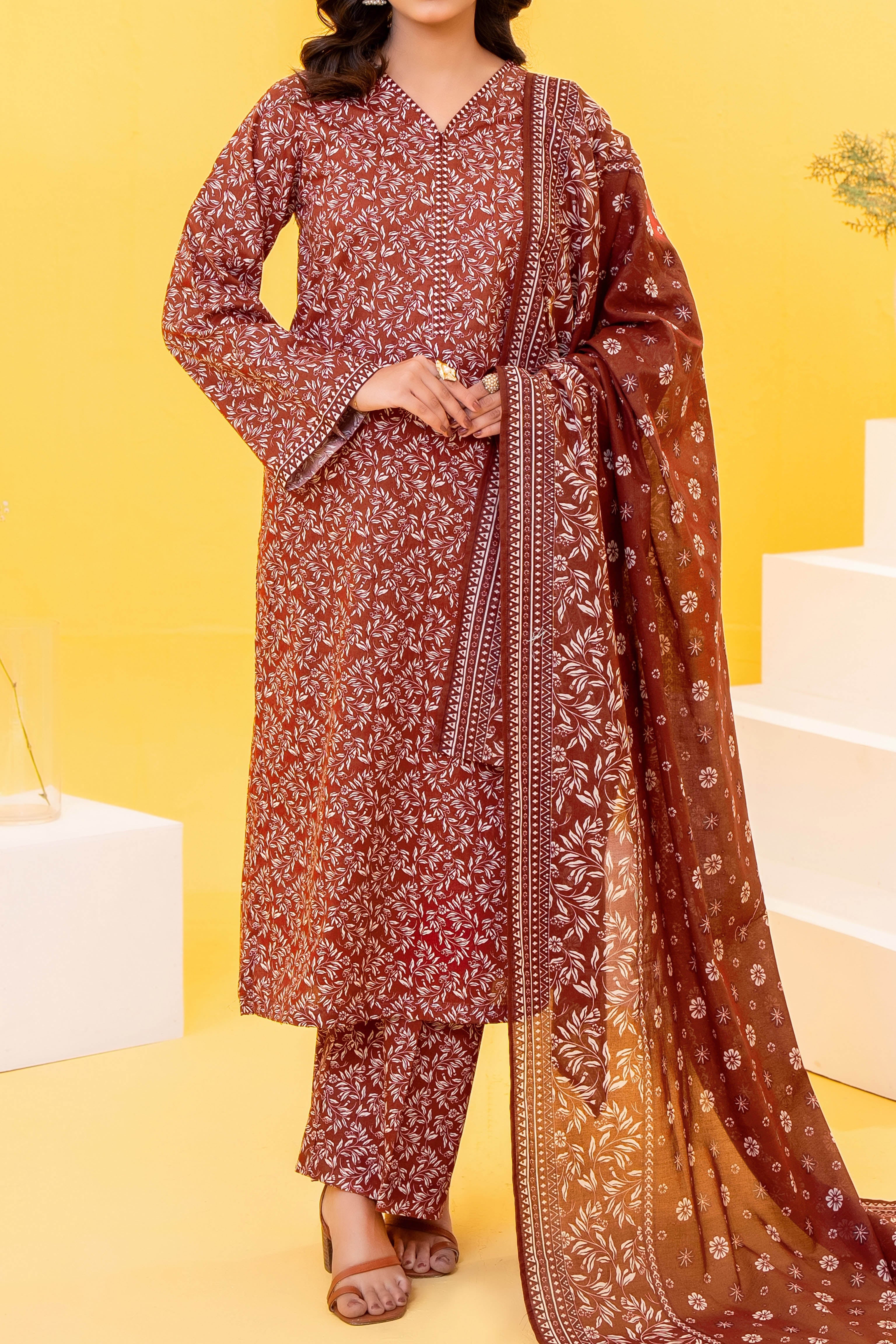 Maroon printed 3 piece lawn suit for women with lawn dupatta and cambric trouser
Printed lawn shirt in Maroon color for ladies