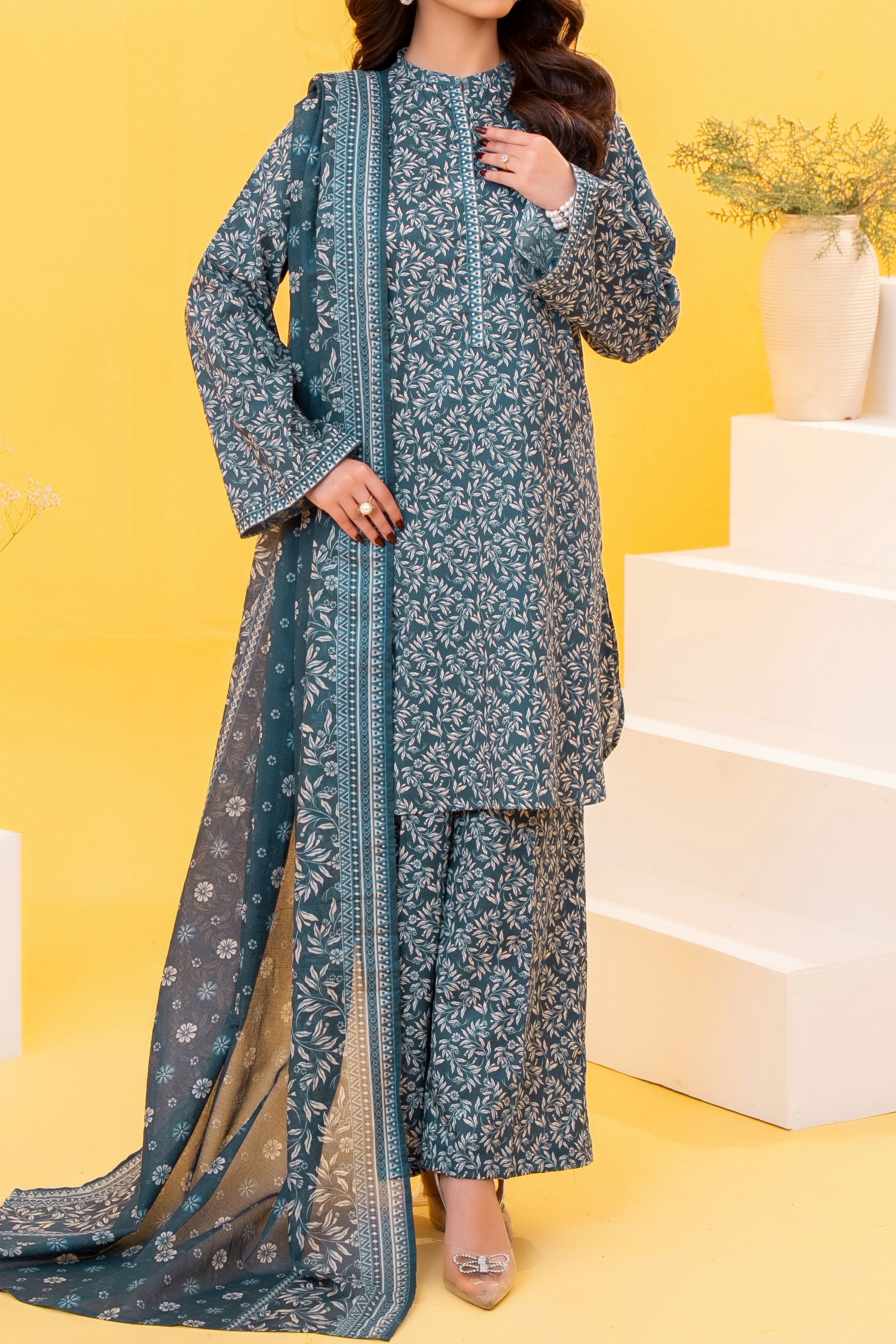 Blue printed 3 piece lawn suit for women with lawn dupatta and cambric trouser
Printed lawn shirt in Blue color for ladies