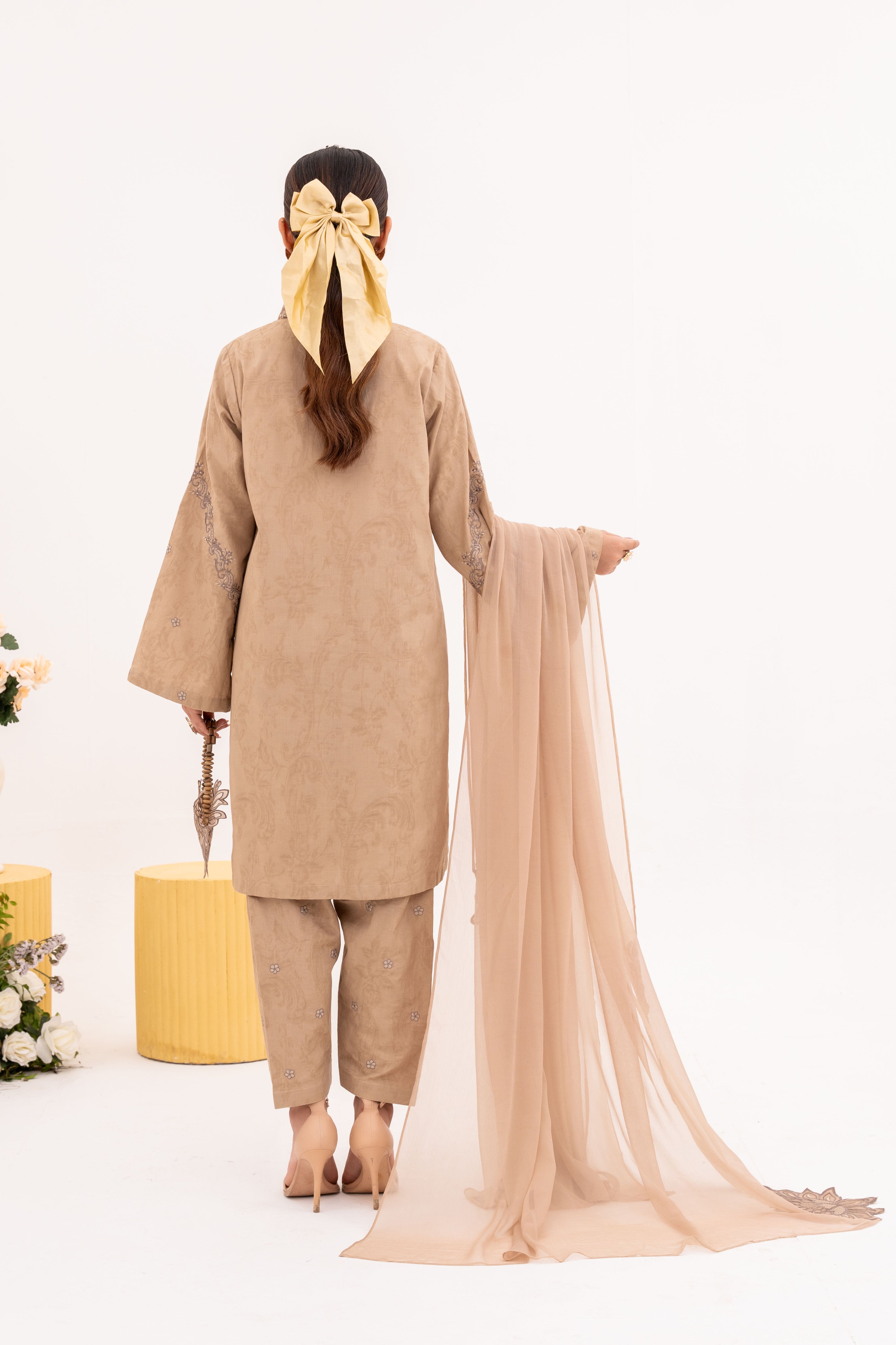 Crème - NPSJ3151 Embroidered Cotton Jacquard Suit ( Stitched 3 Pc)