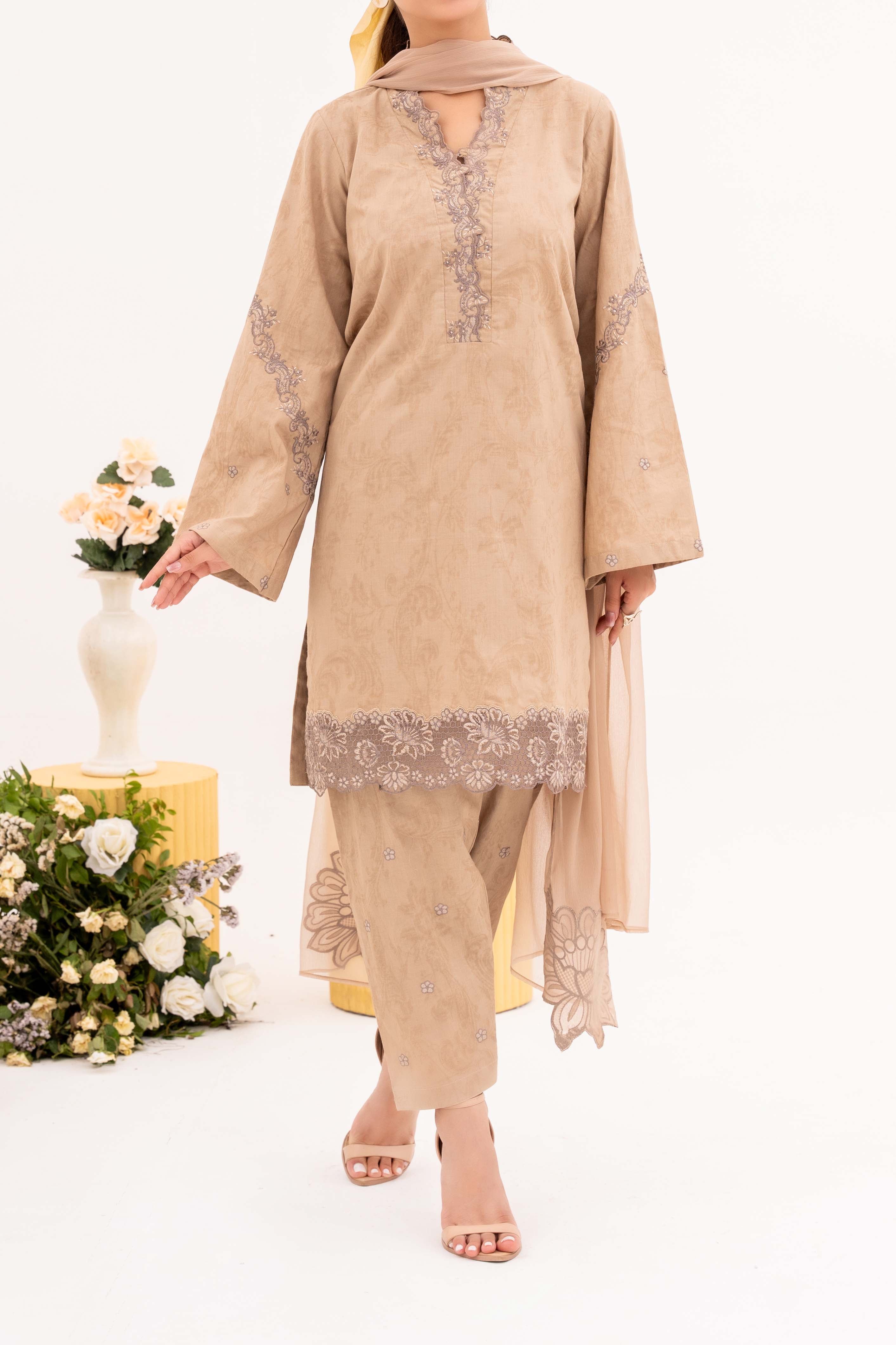 Crème - NPSJ3151 Embroidered Cotton Jacquard Suit ( Stitched 3 Pc)