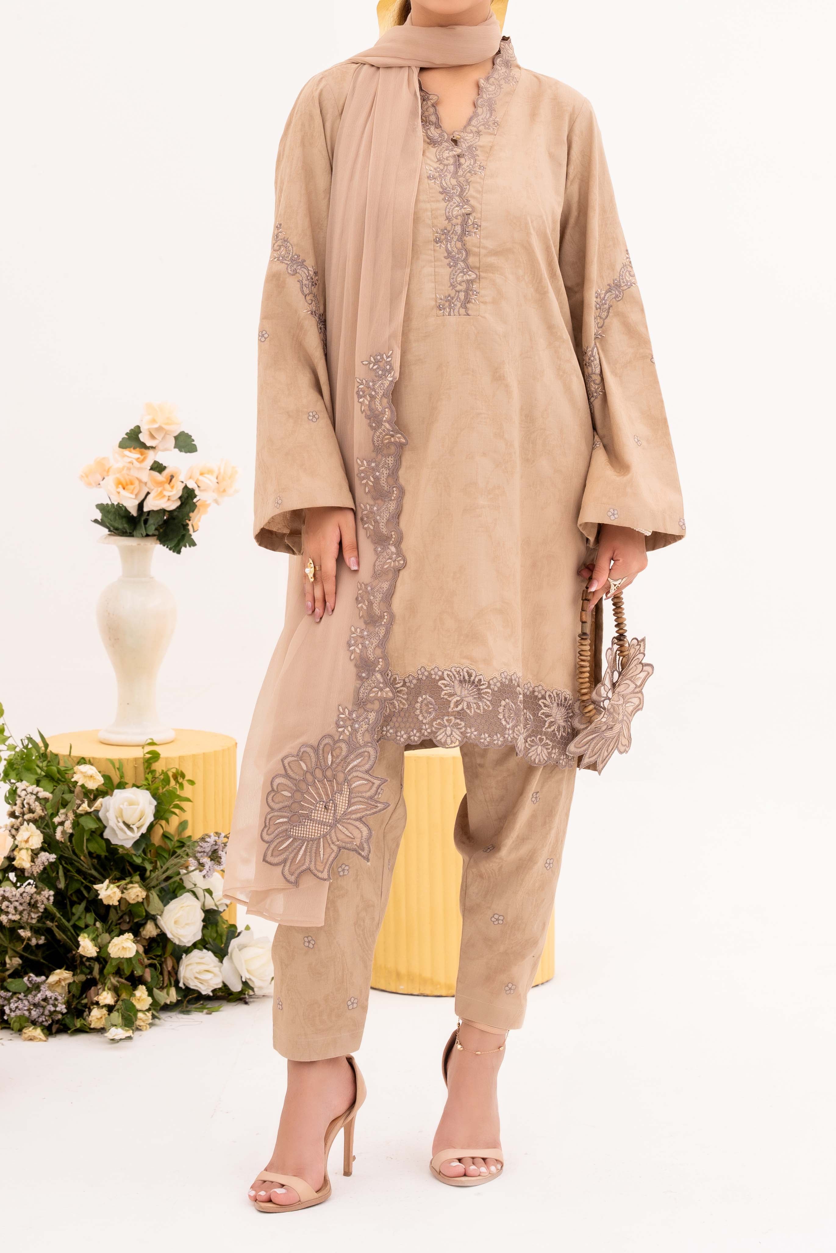 Crème - NPSJ3151 Embroidered Cotton Jacquard Suit ( Stitched 3 Pc)