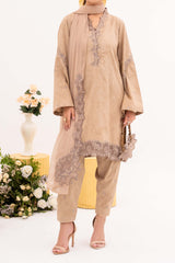 Crème - NPSJ3151 Embroidered Cotton Jacquard Suit ( Stitched 3 Pc)