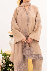 Crème - NPSJ3151 Embroidered Cotton Jacquard Suit ( Stitched 3 Pc)