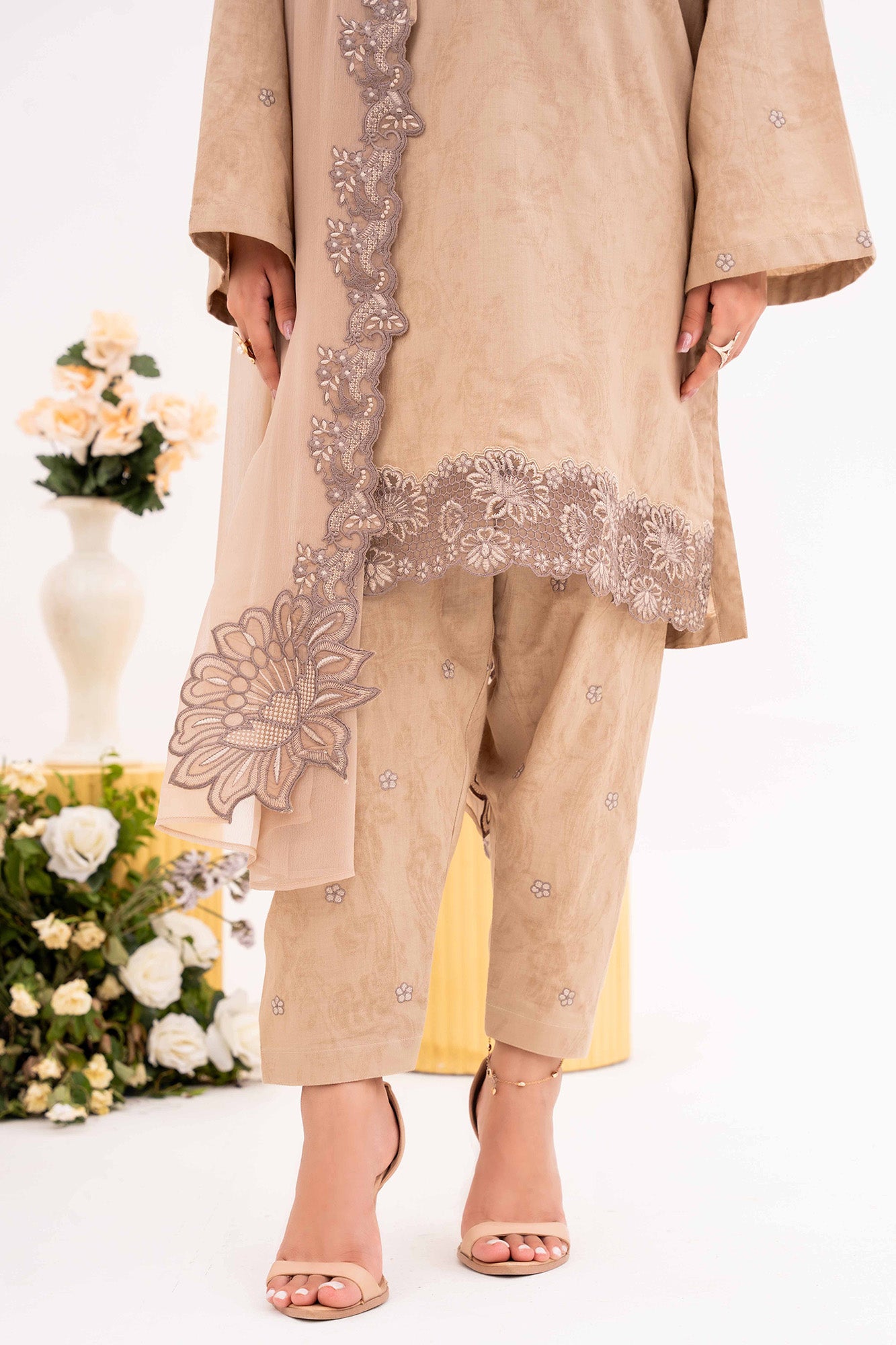 Crème - NPSJ3151 Embroidered Cotton Jacquard Suit ( Stitched 3 Pc)