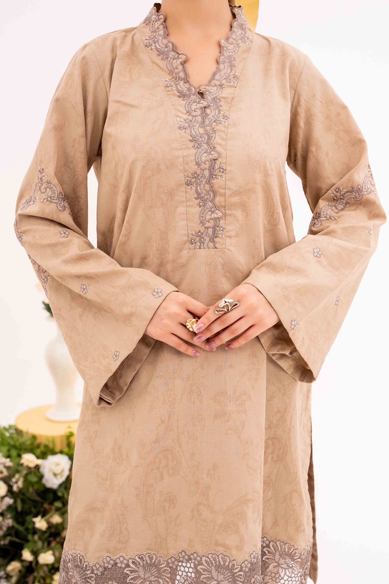 Crème - NPSJ3151 Embroidered Cotton Jacquard Suit ( Stitched 3 Pc)
