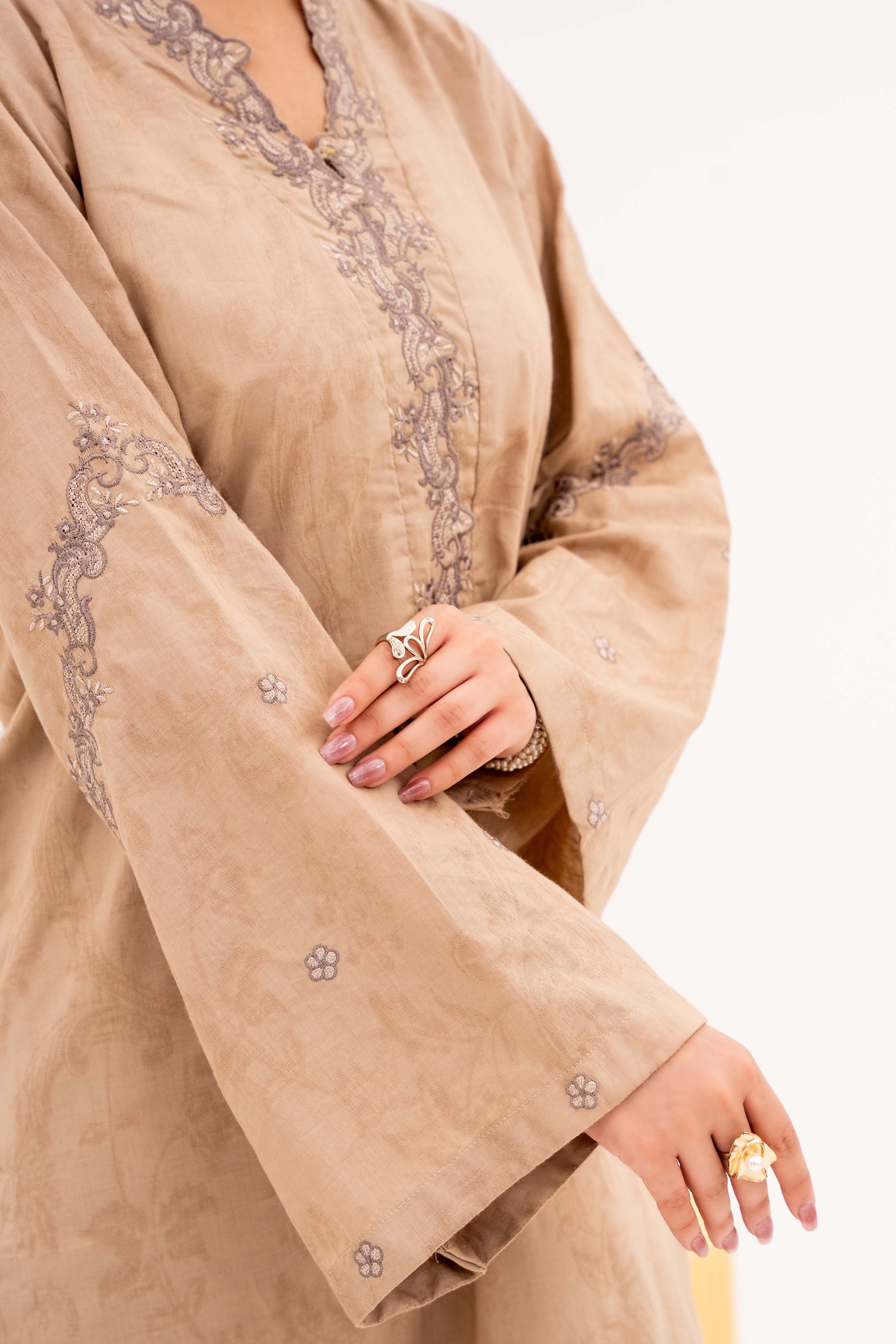 Crème - NPSJ3151 Embroidered Cotton Jacquard Suit ( Stitched 3 Pc)
