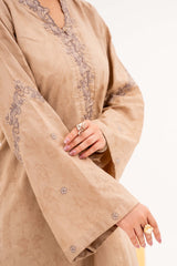 Crème - NPSJ3151 Embroidered Cotton Jacquard Suit ( Stitched 3 Pc)