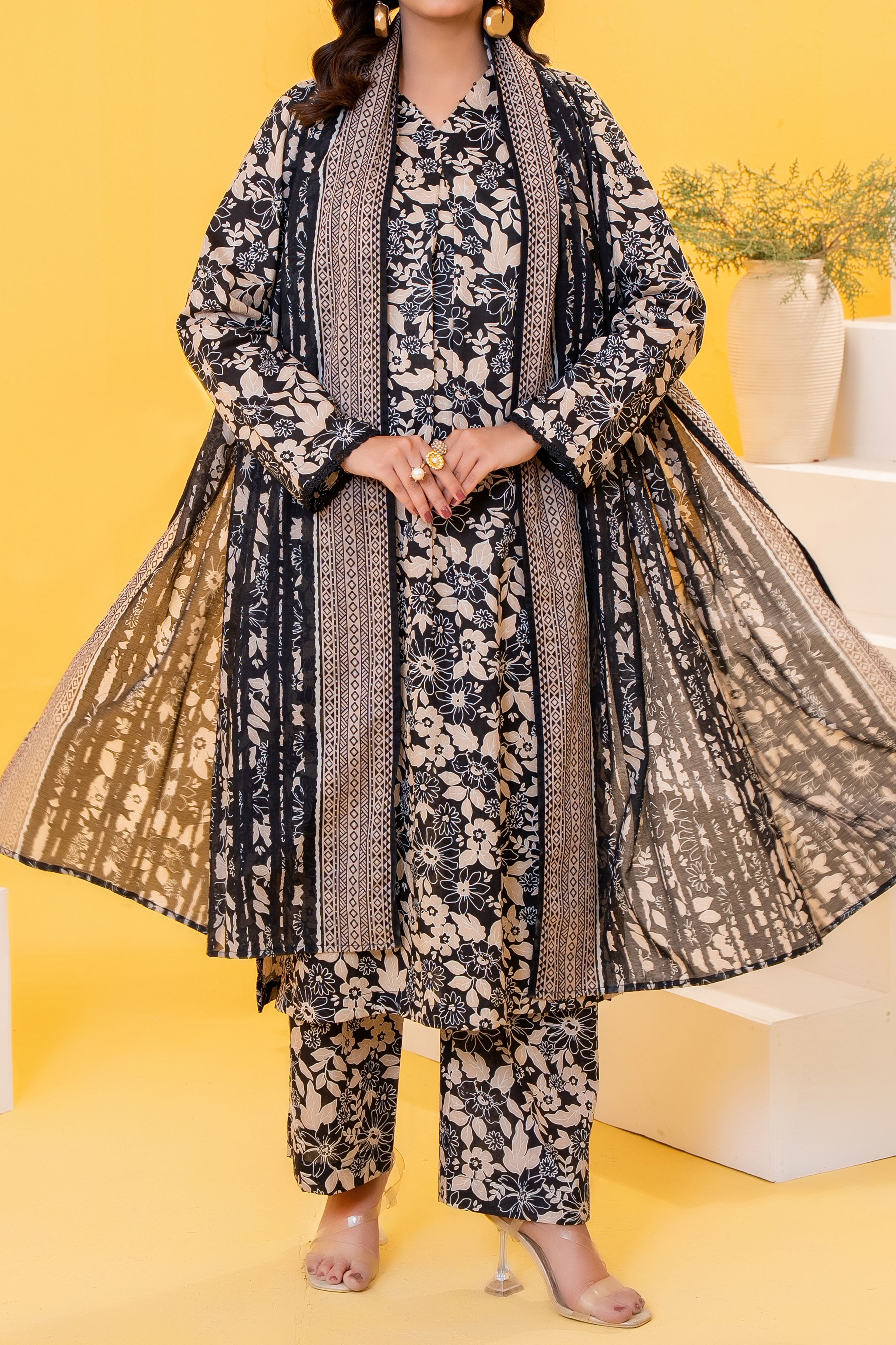 Black & Light Gold Printed Lawn Suit 3Pc with Printed Dupatta and Dyed Cambric Trouser
