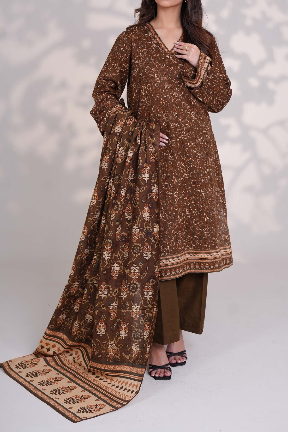 RAW UMBER - Printed Unstitched Khaddar Suit (3 Piece) 3166
