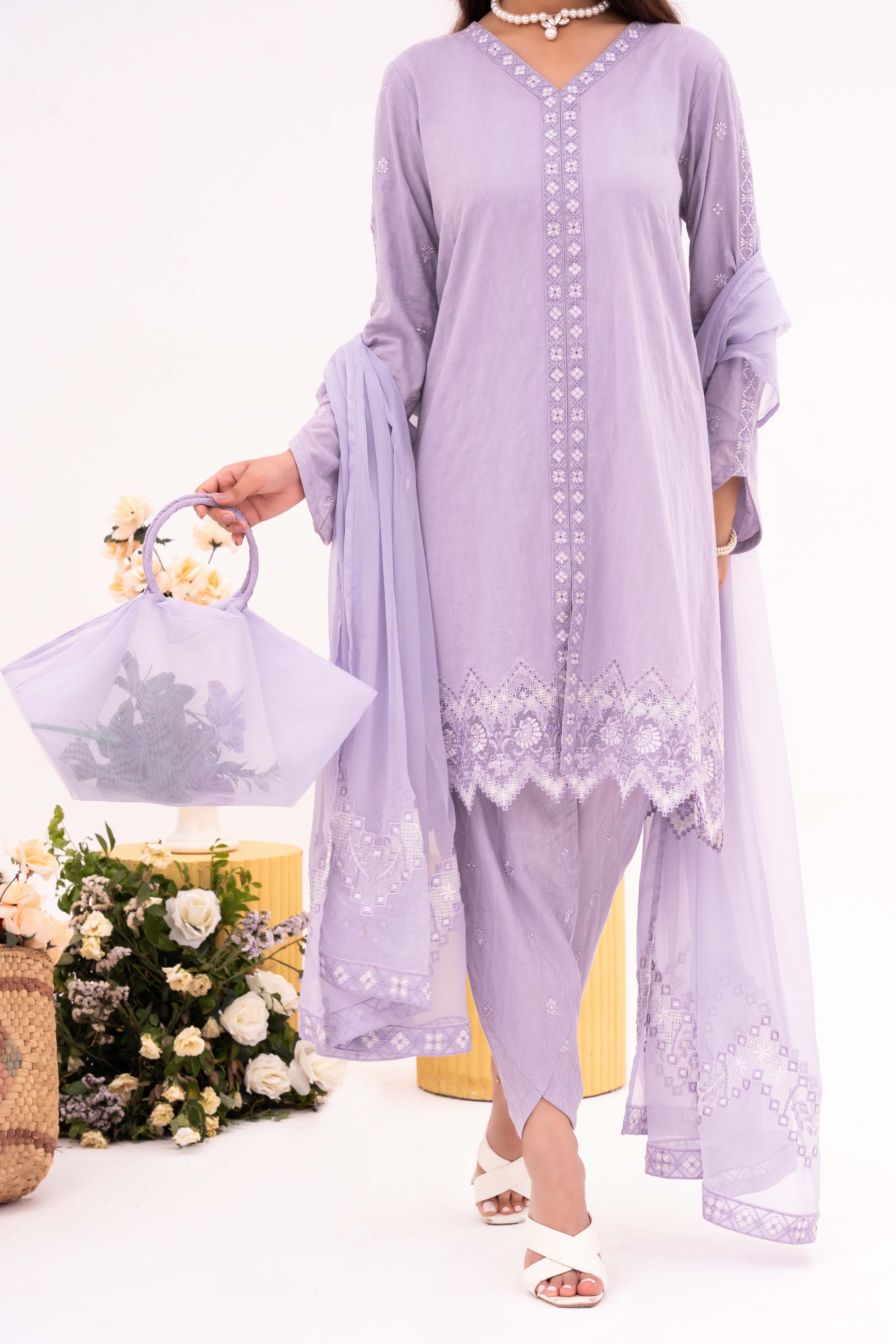 Haze - NPSJ3150 Embroidered Cotton Jacquard Suit ( Stitched 3 Pc)