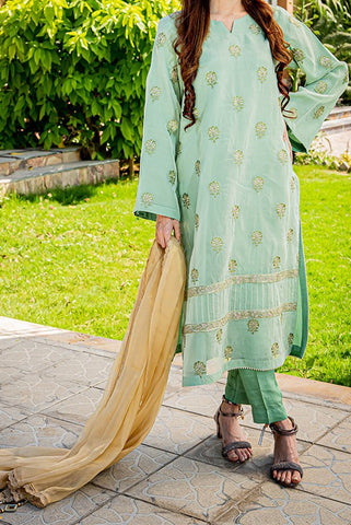 Green Embroidered Organza Suit - 3Pc - Narmin