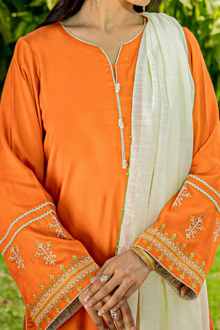 Orange Embroidered Linen Suit - 3Pc
