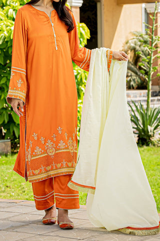 Orange Embroidered Linen Suit - 3Pc