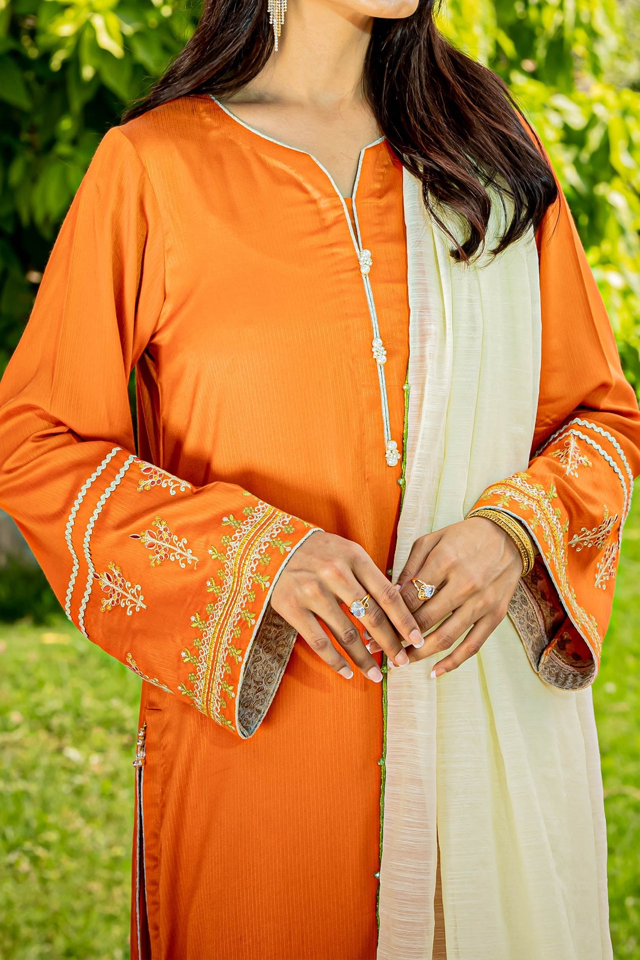 Orange Embroidered Linen Suit - 3Pc
