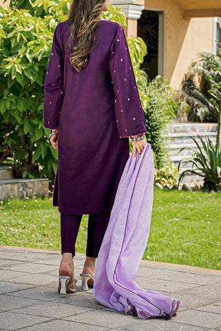 Purple Embroidered Khaddar Suit - 3Pc