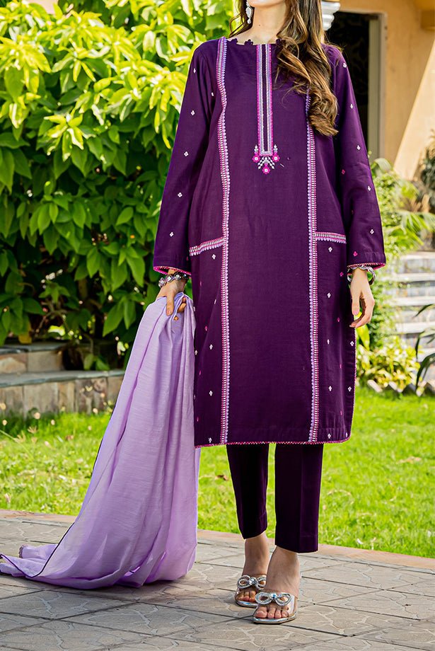 Purple Embroidered Khaddar Suit - 3Pc