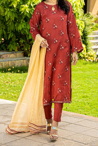 Red Embroidered Organza Suit- 3Pc