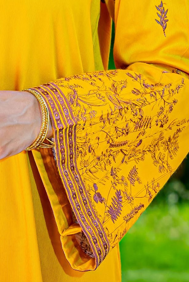 Yellow Embroidered Linen Suit - 3Pc