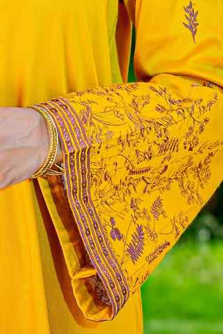 Yellow Embroidered Linen Suit - 3Pc
