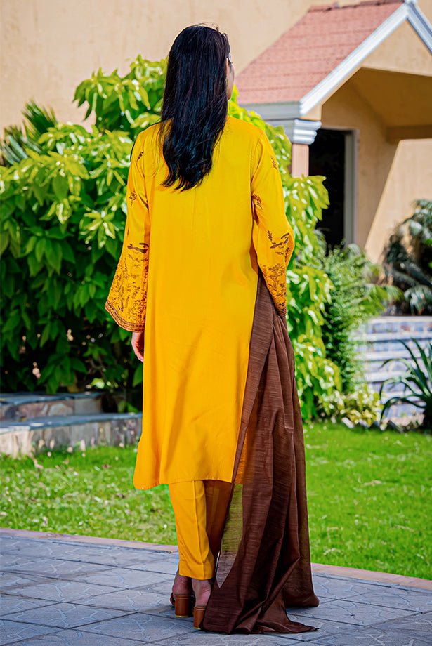 Yellow Embroidered Linen Suit - 3Pc